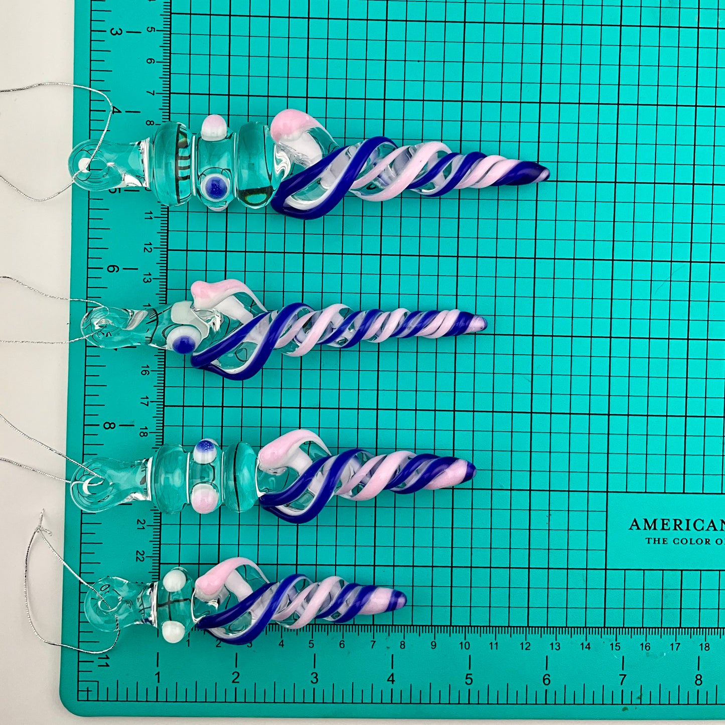 4 Pack of Cadillac Pink and Blue over White Icicle Ornaments - JeffBeckerGlass.com