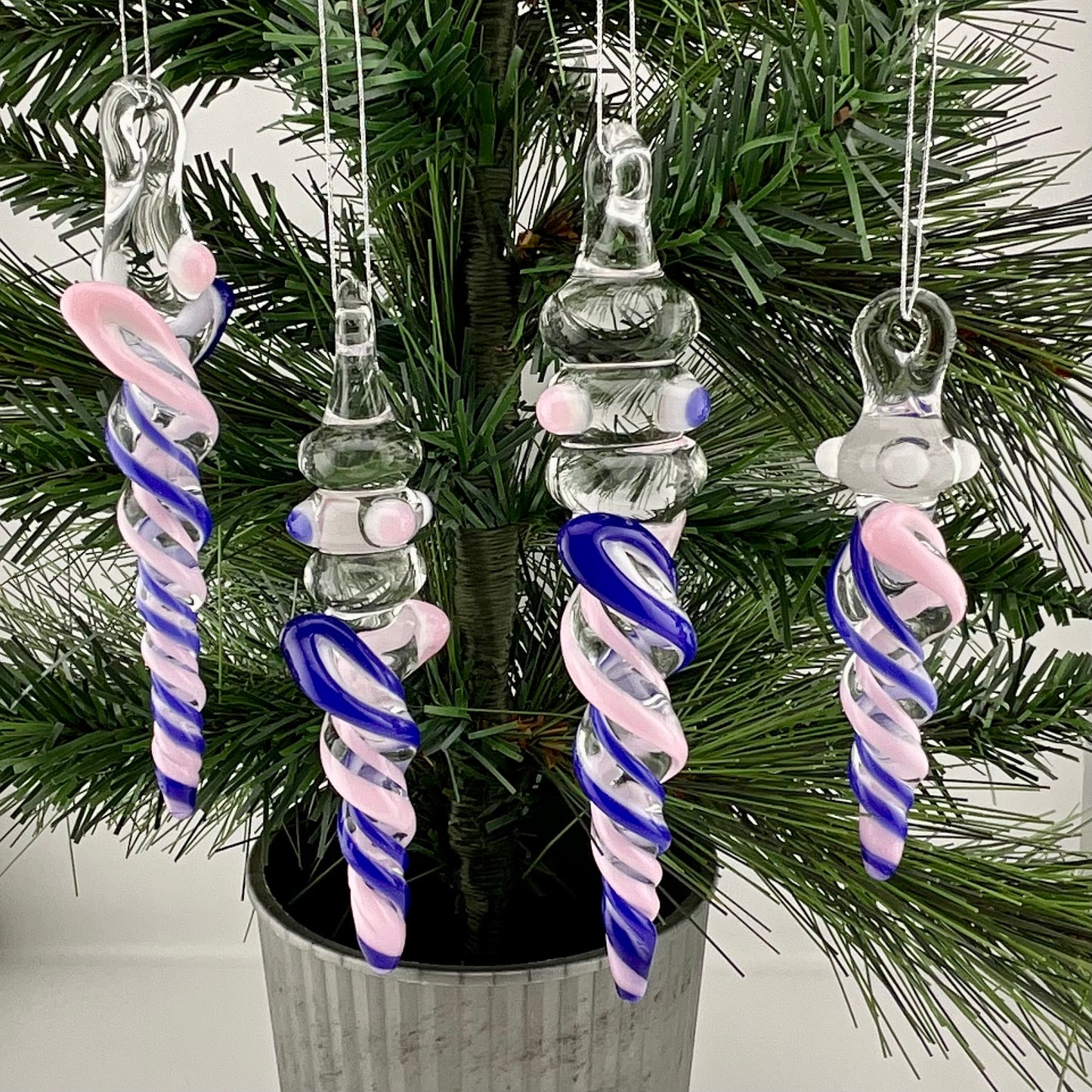 4 Pack of Cadillac Pink and Blue over White Icicle Ornaments - JeffBeckerGlass.com