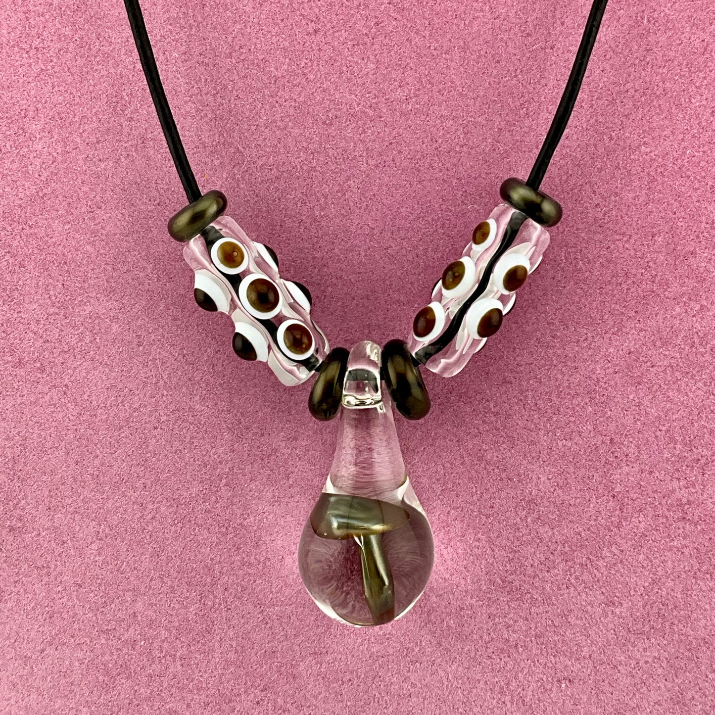 #2Electrum Glass Mushroom with accent beads finished necklace - JeffBeckerGlass.com