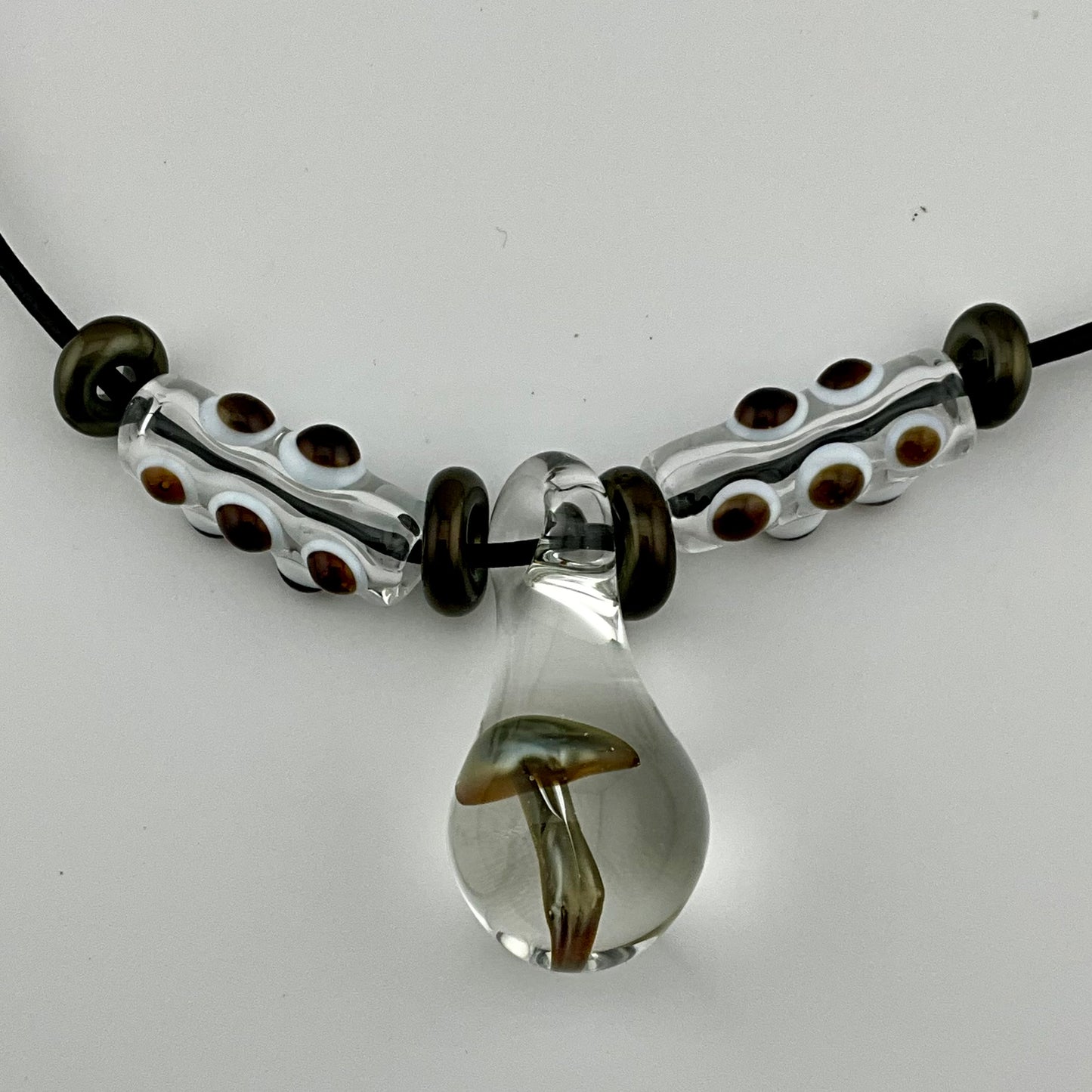 #2Electrum Glass Mushroom with accent beads finished necklace - JeffBeckerGlass.com