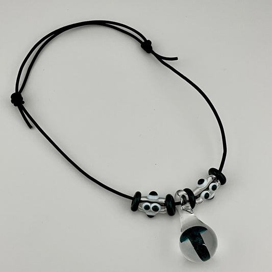 Dark Blue Sparkle Glass Mushroom with accent beads finished necklace - JeffBeckerGlass.com