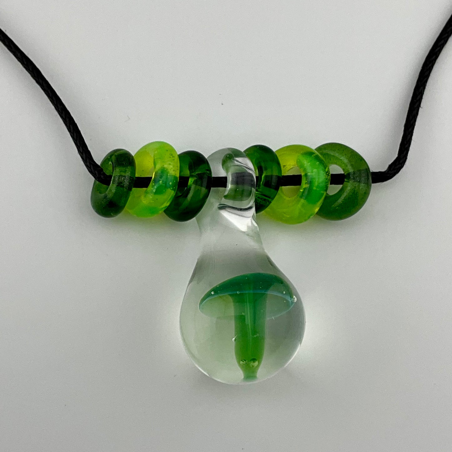 Green Slime Glass Mushroom with accent beads finished necklace - JeffBeckerGlass.com