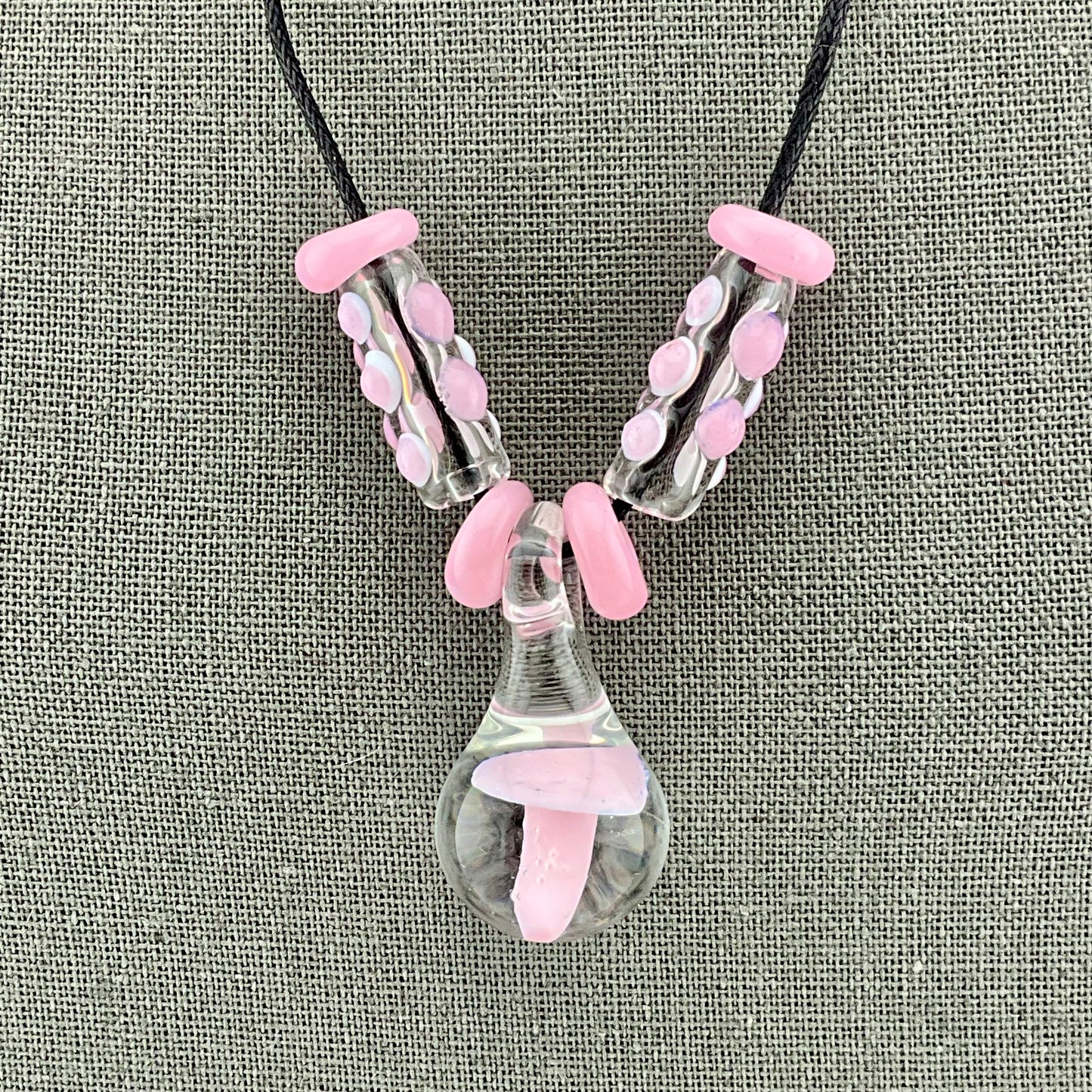 Pink Glass Mushroom with accent beads finished necklace