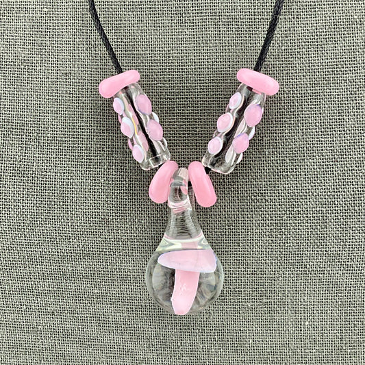 Pink Glass Mushroom with accent beads finished necklace - JeffBeckerGlass.com