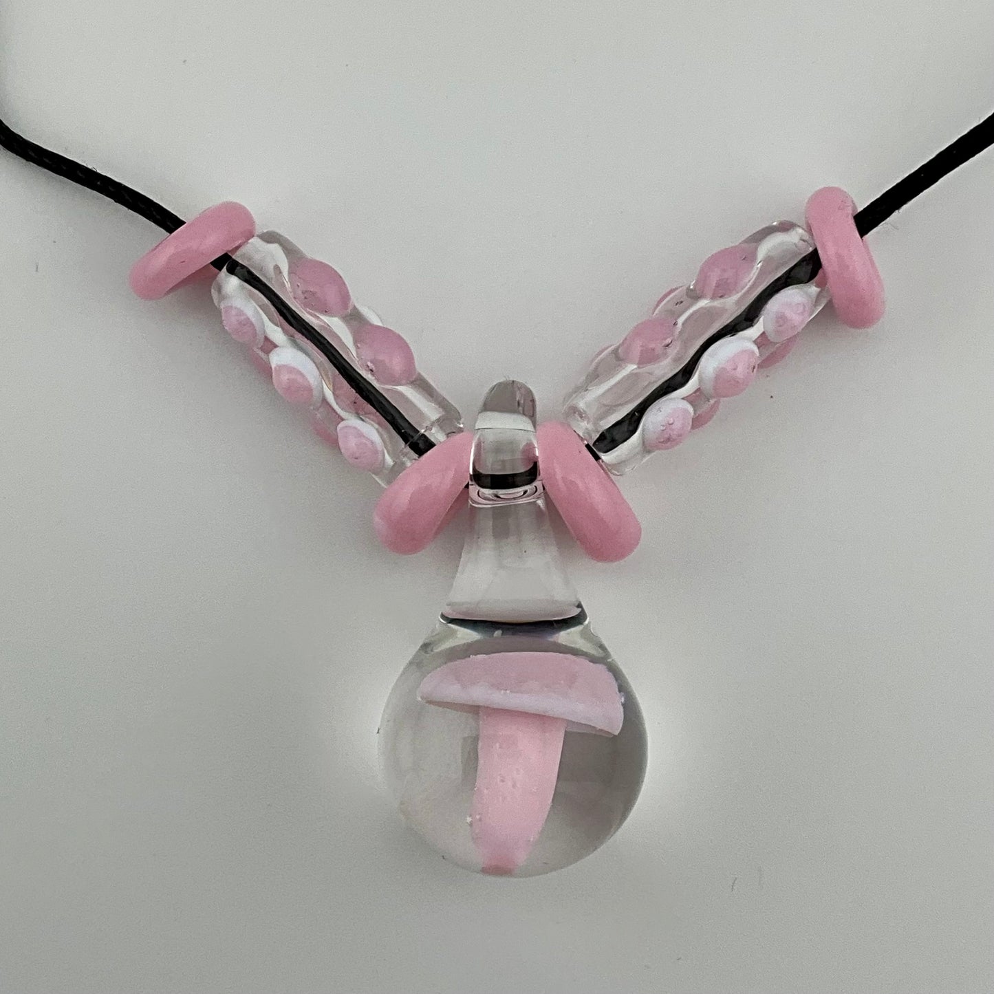 Pink Glass Mushroom with accent beads finished necklace