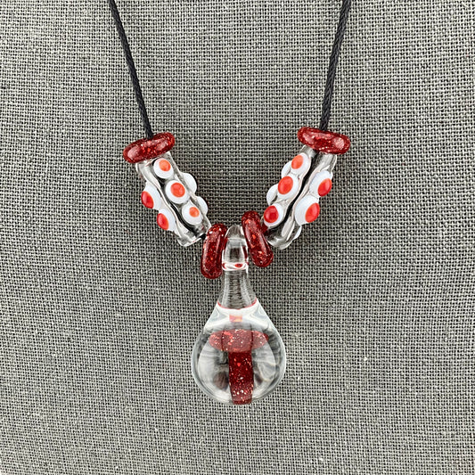 Red Blizzard Glass Mushroom with accent beads finished necklace - JeffBeckerGlass.com