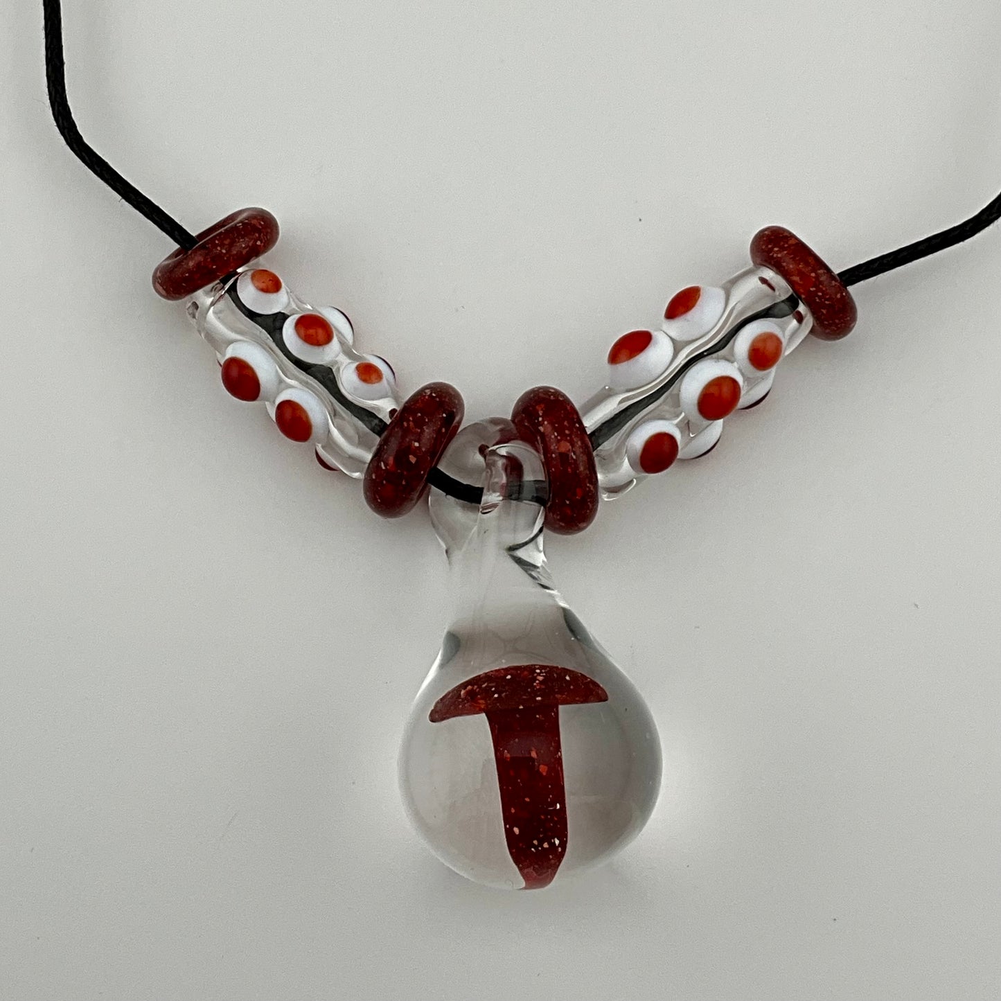 Red Blizzard Glass Mushroom with accent beads finished necklace