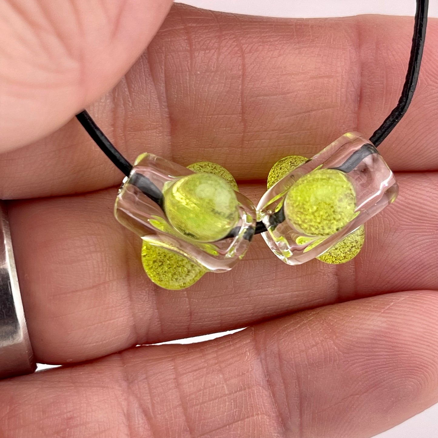2 Clear beads with Slime Green marbles