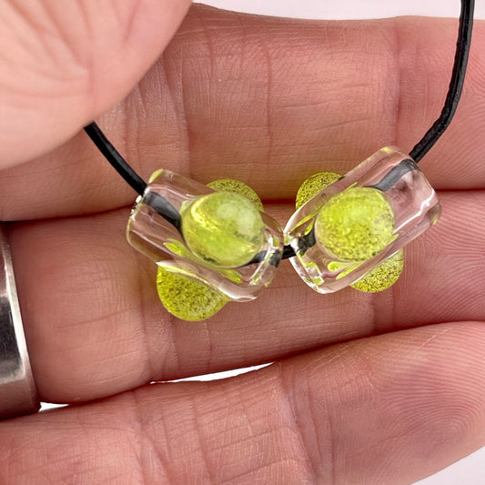 2 Clear beads with Slime Green marbles - JeffBeckerGlass.com