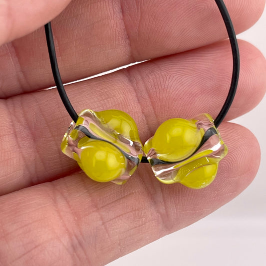 2 Clear beads with Yellow Green marbles - JeffBeckerGlass.com