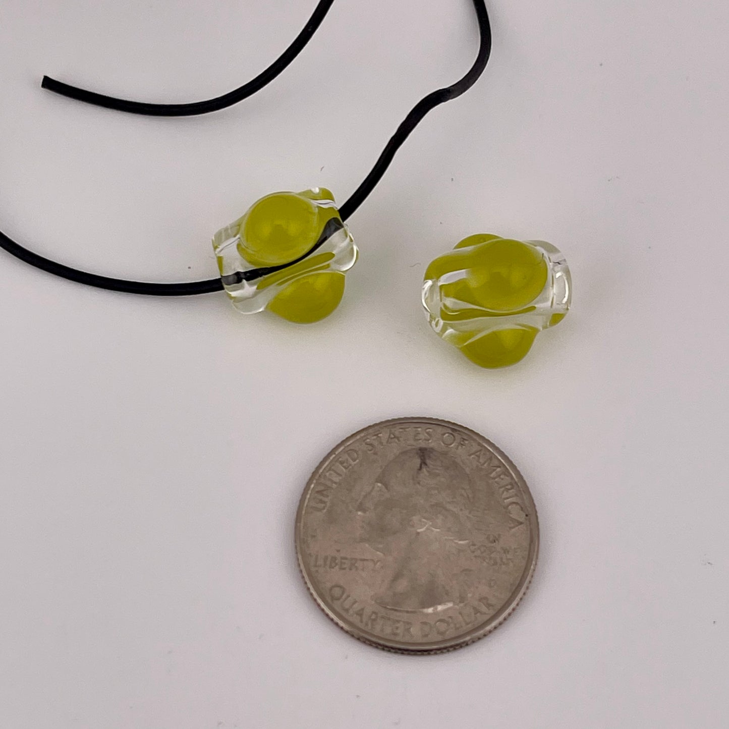 2 Clear beads with Yellow Green marbles - JeffBeckerGlass.com