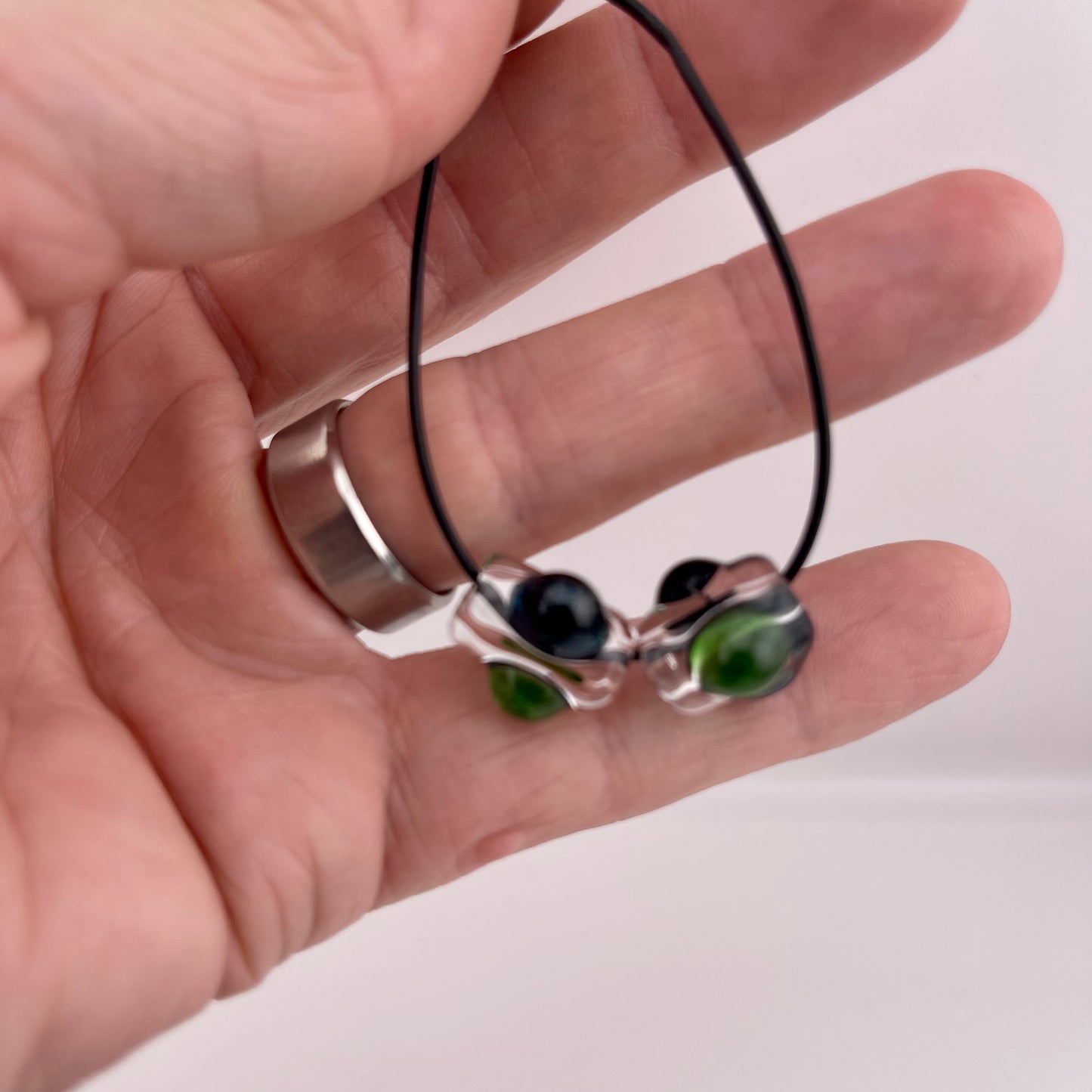 2 Clear beads with Sparkly Green and Blue marbles - JeffBeckerGlass.com