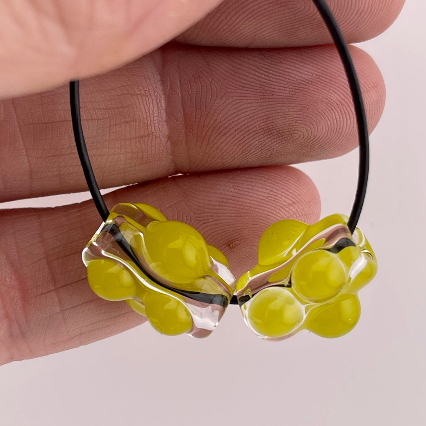 Clear Glass Barrel Bead with Yellow Green Marbles