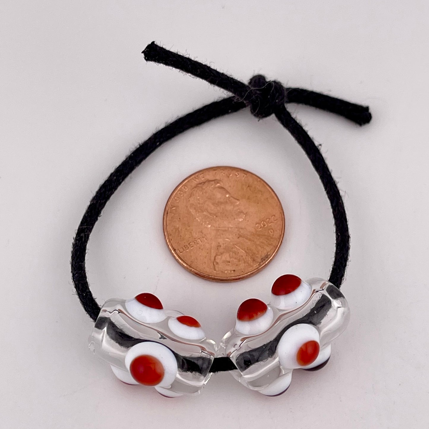 2 Clear Glass Barrel Bead with Red over White Marbles