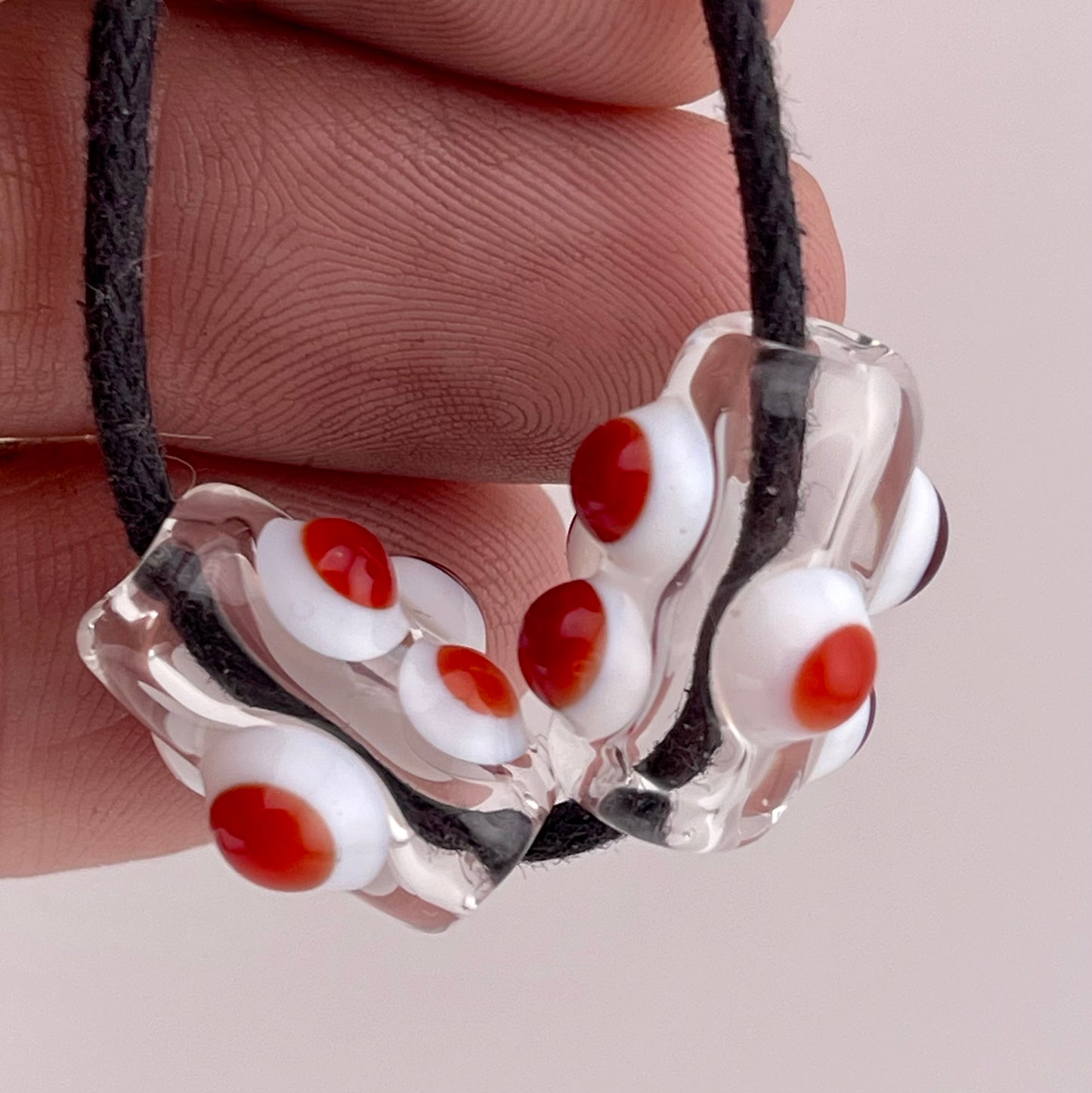 2 Clear Glass Barrel Bead with Red over White Marbles