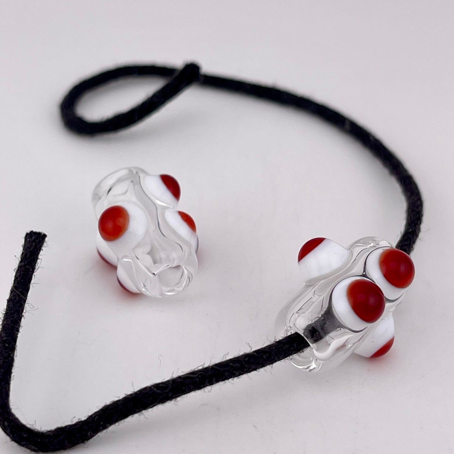 2 Clear Glass Barrel Bead with Red over White Marbles - JeffBeckerGlass.com