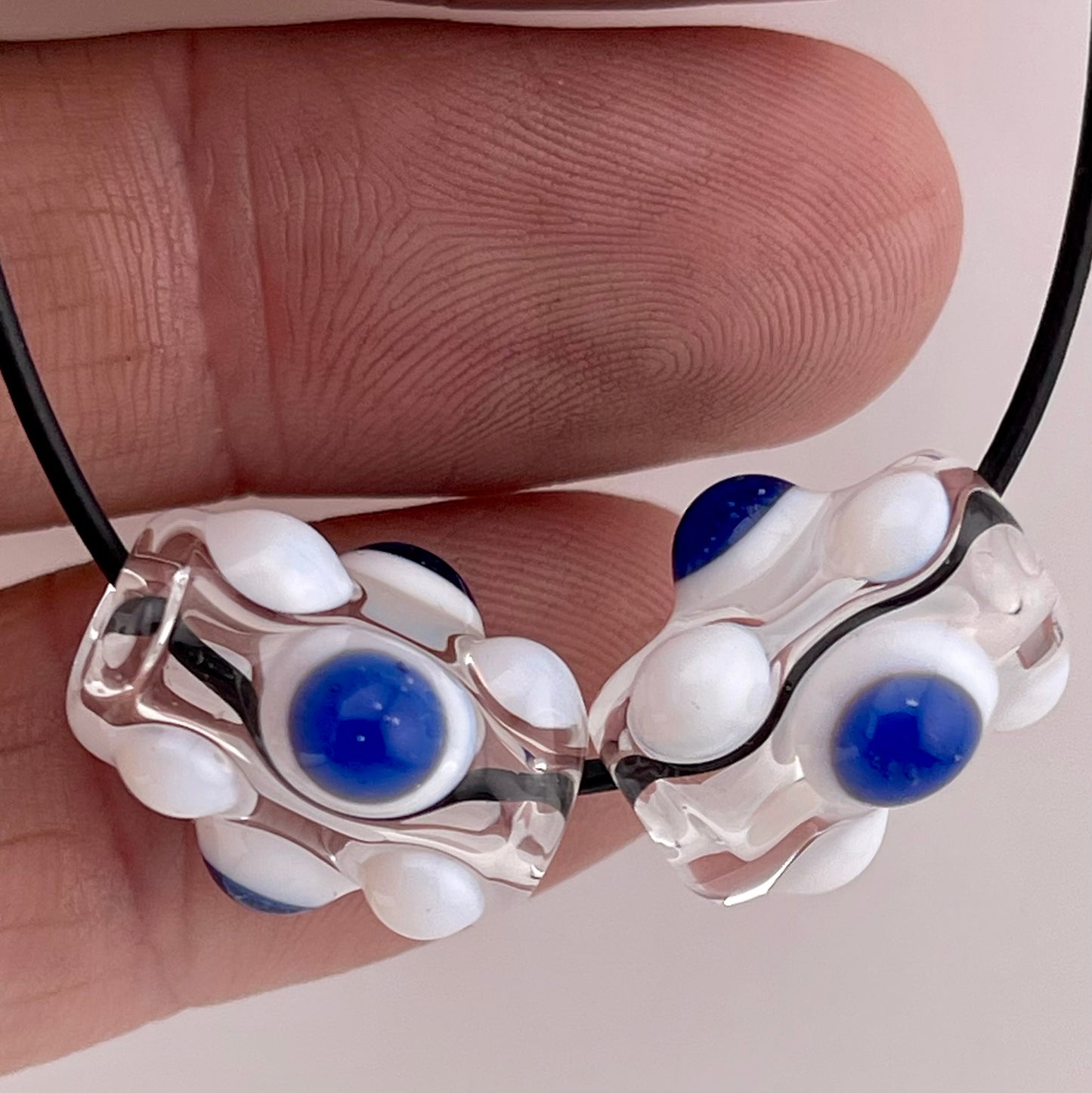 2 Clear Glass Barrel Bead with Blue over White Marbles - JeffBeckerGlass.com