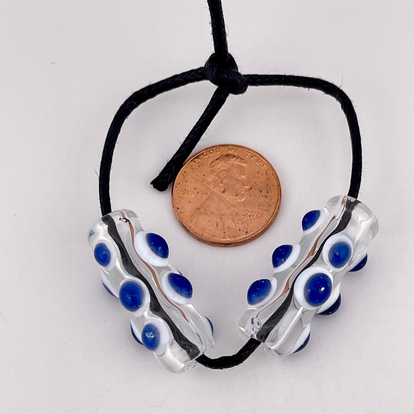 2 Clear Glass Barrel Bead with Blizzard Blue over White Marbles - JeffBeckerGlass.com
