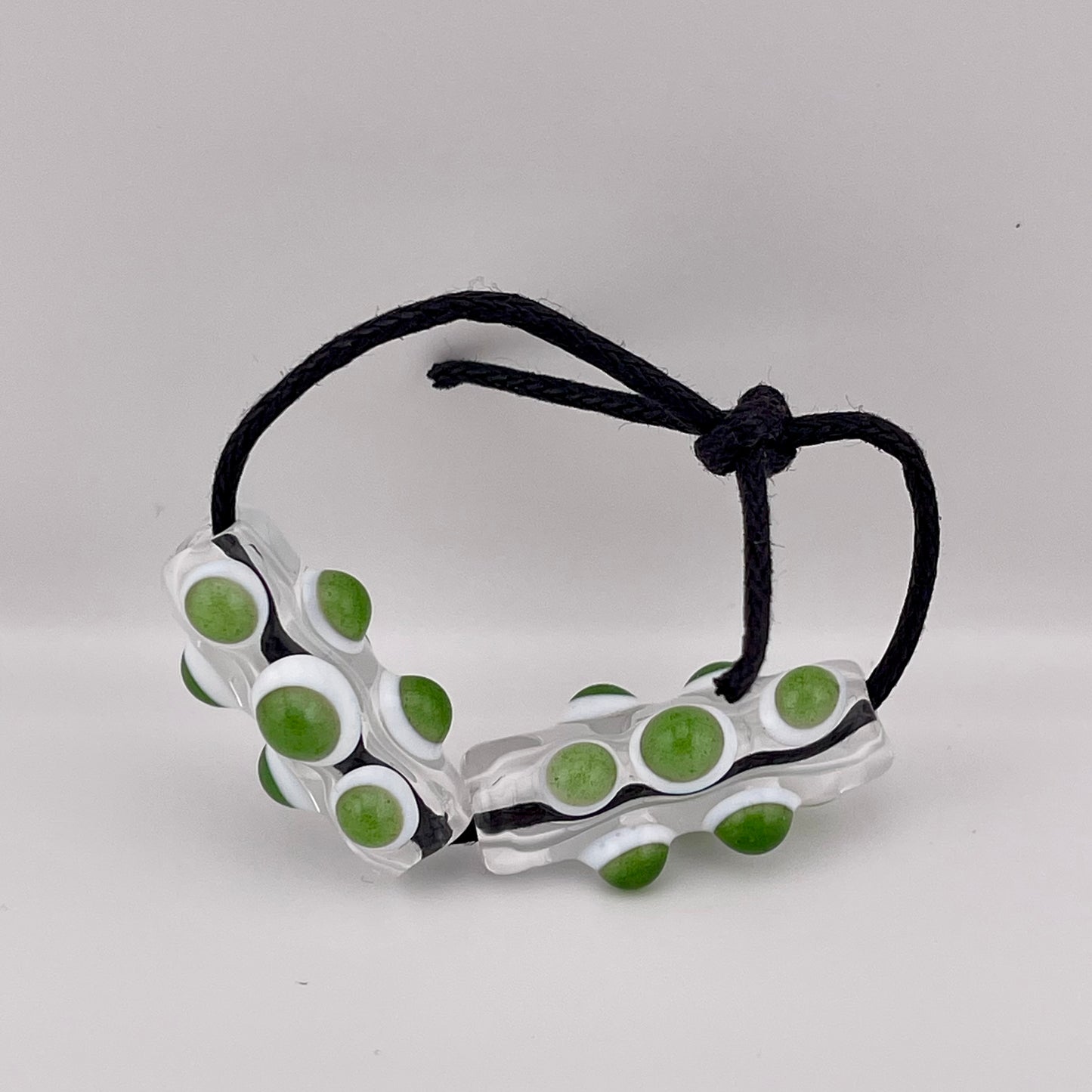 2 Clear Glass Barrel Bead with sparkly Green over White Marbles