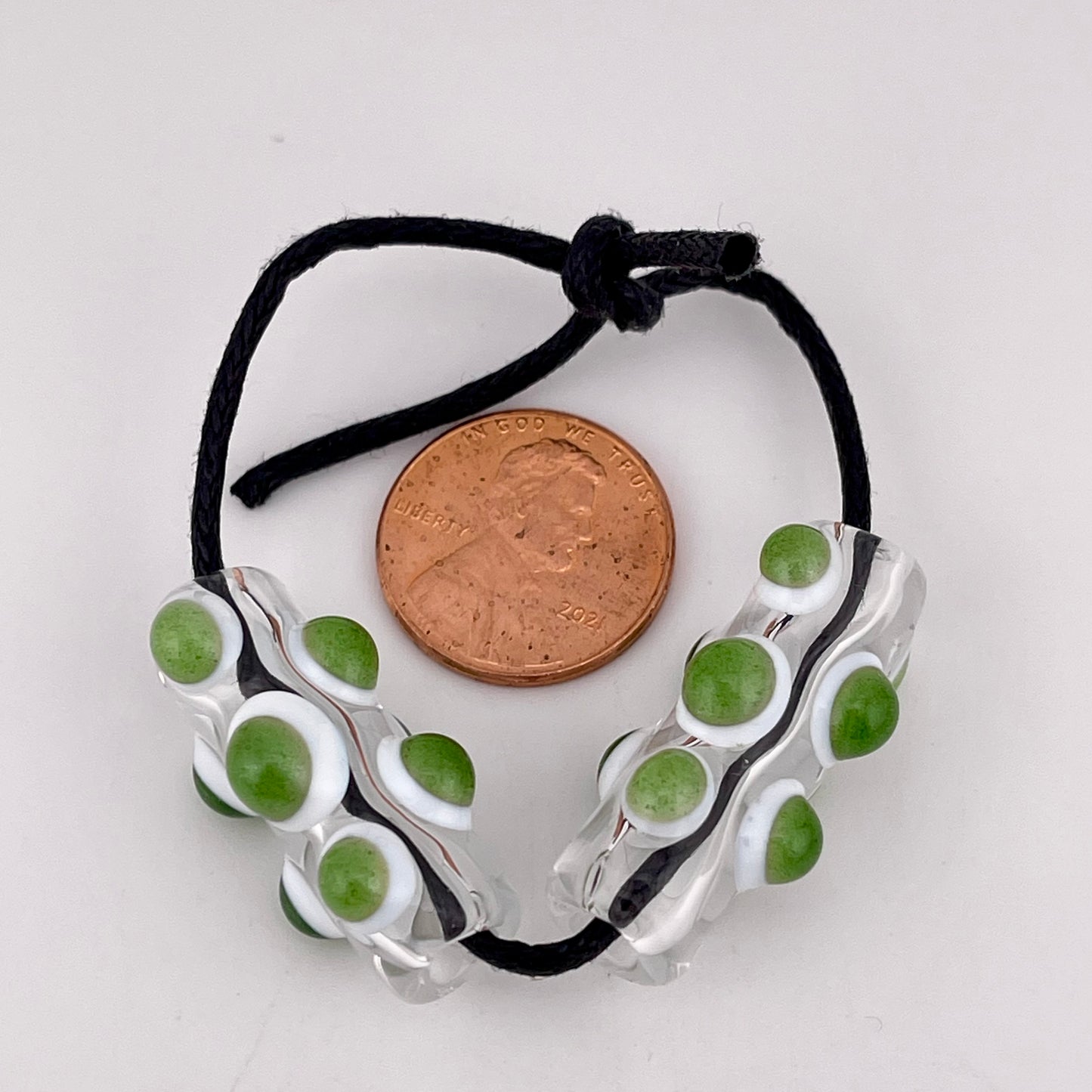 2 Clear Glass Barrel Bead with sparkly Green over White Marbles