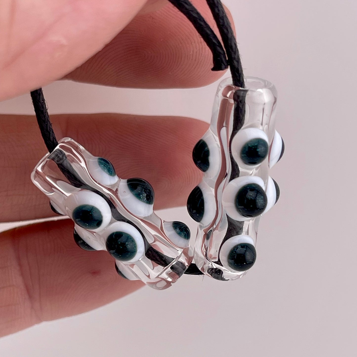 2 Clear Barrel Bead with Sparkly Blue over White accent marbles - JeffBeckerGlass.com