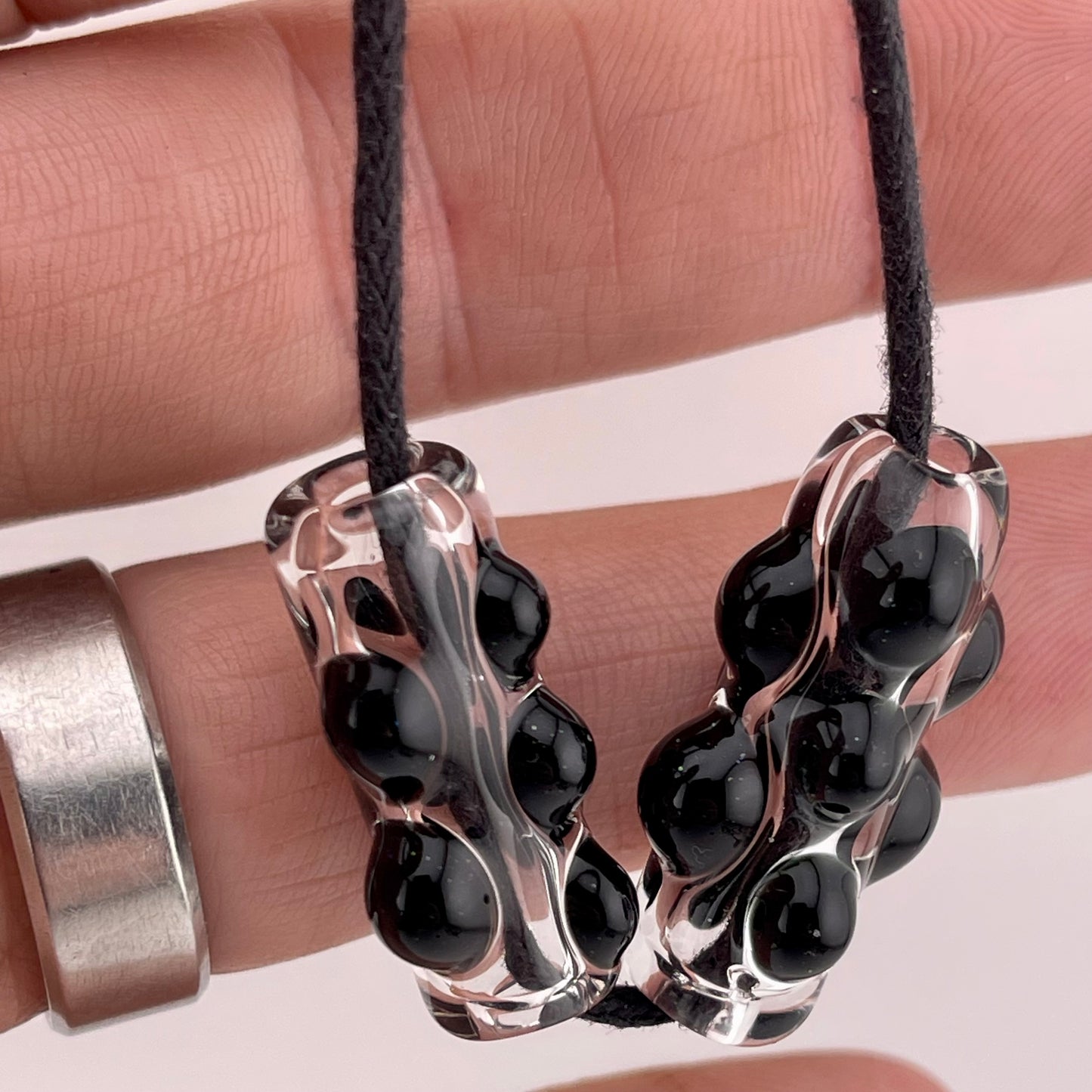 2 Clear Glass Barrel Bead with Black Marbles