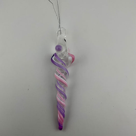 Pink and Purple Glass over White Icicle Christmas Ornament - JeffBeckerGlass.com