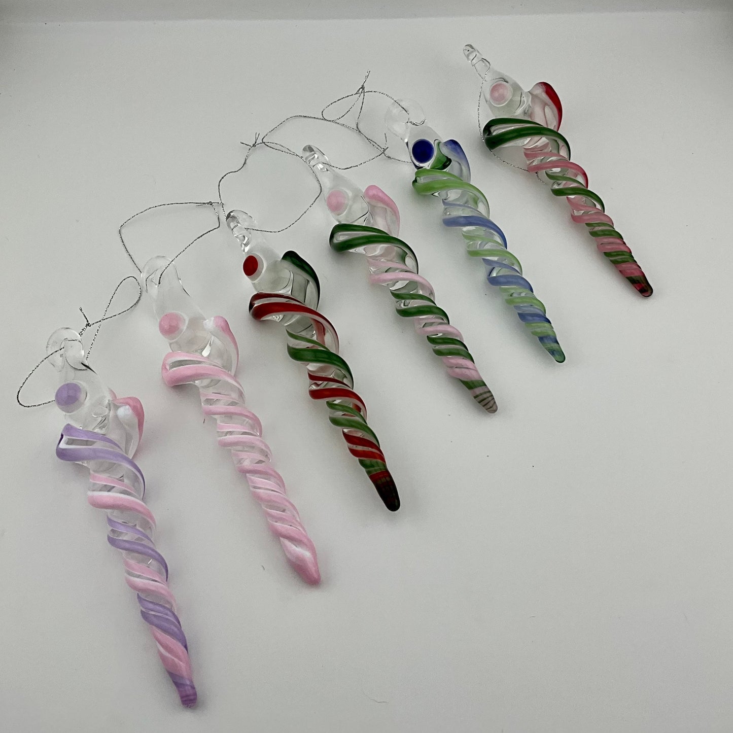 Pink and Purple Glass over White Icicle Christmas Ornament - JeffBeckerGlass.com