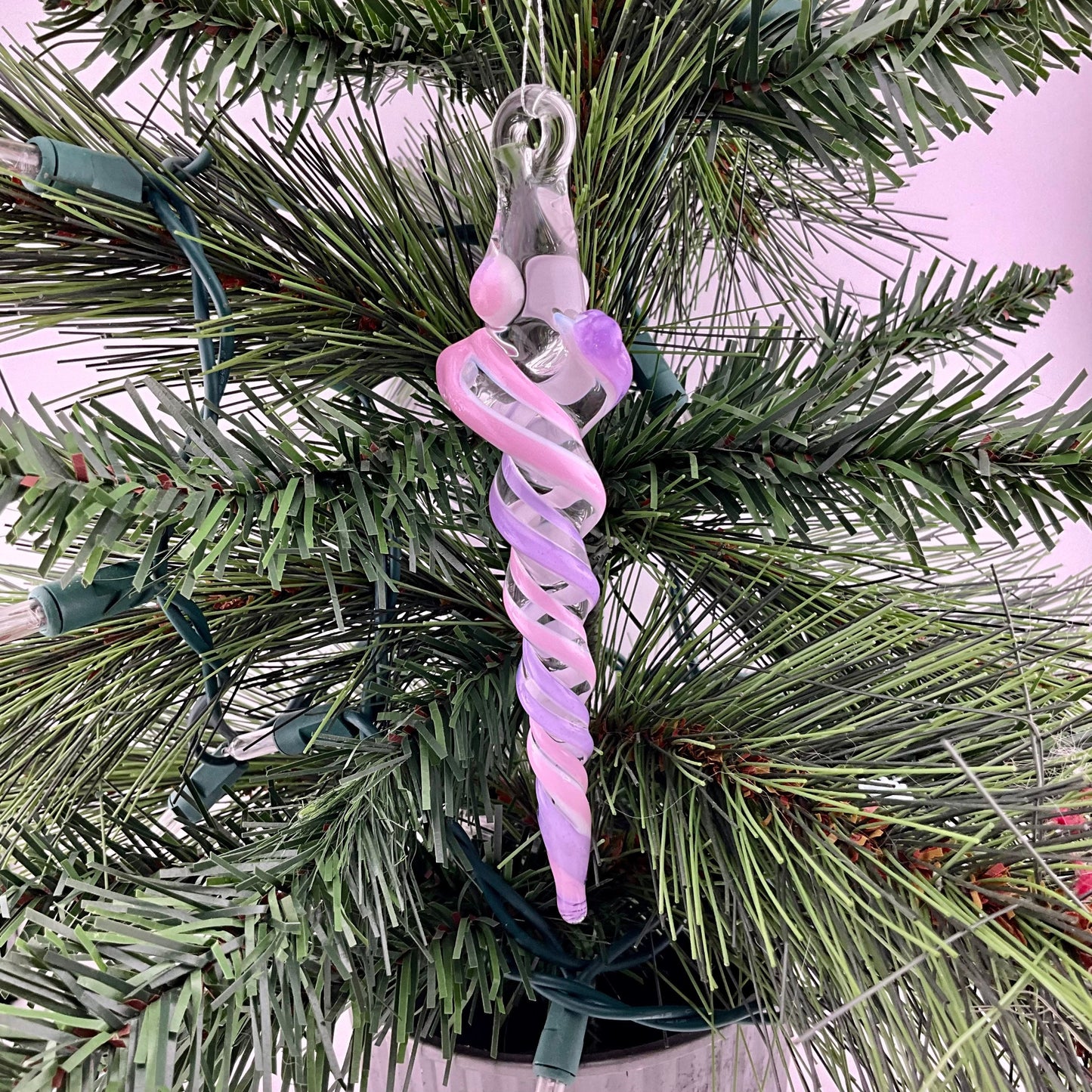 Pink and Purple Glass over White Icicle Christmas Ornament - JeffBeckerGlass.com