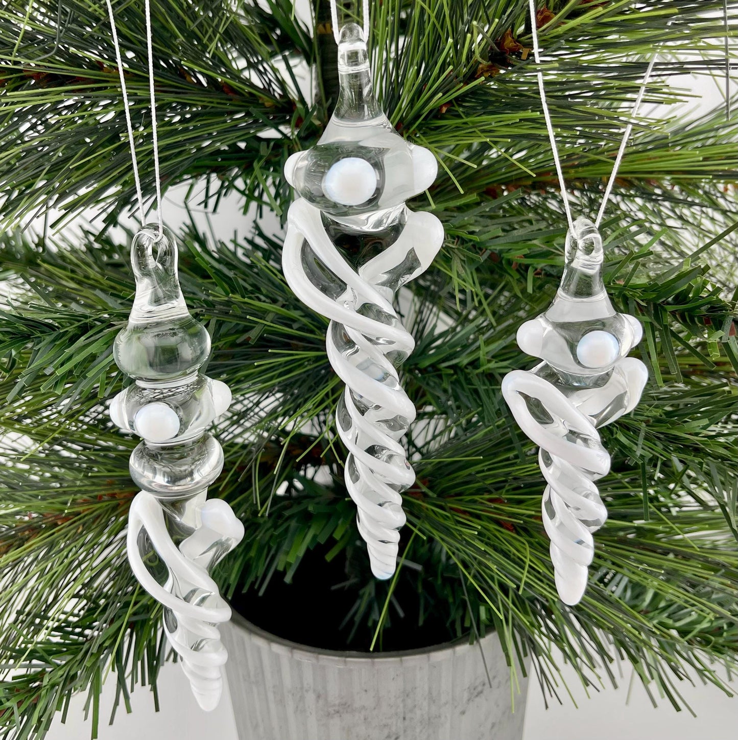 3 Pack of White Glass Icicle Ornament Designs “Holiday Special” - JeffBeckerGlass.com