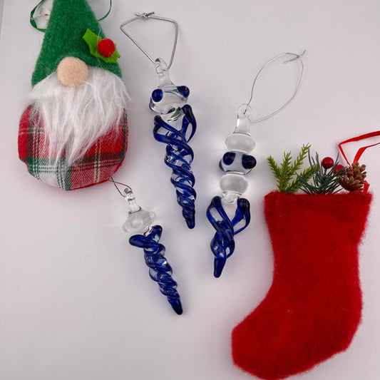 3 Pack of Cobalt Blue Glass Icicle Ornament Designs “Holiday Special” - JeffBeckerGlass.com
