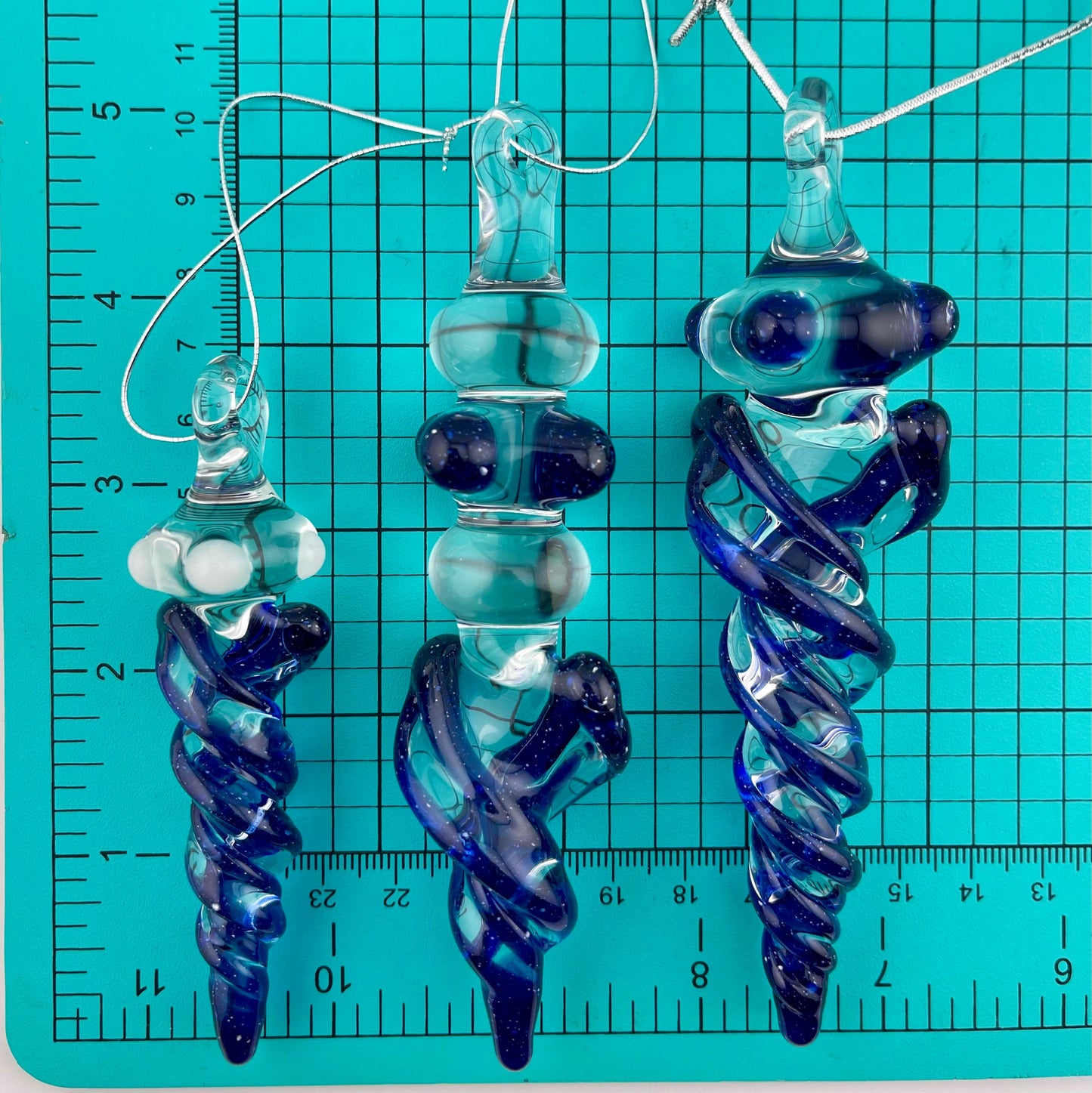 3 Pack of Cobalt Blue Glass Icicle Ornament Designs “Holiday Special” - JeffBeckerGlass.com