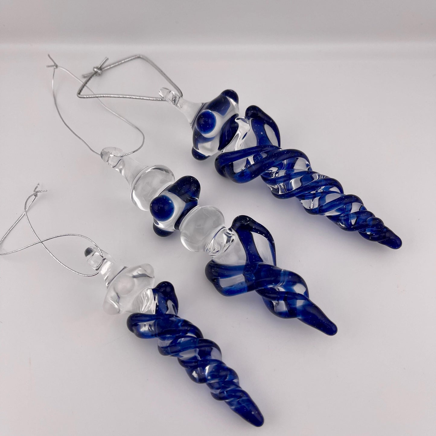3 Pack of Cobalt Blue Glass Icicle Ornament Designs “Holiday Special” - JeffBeckerGlass.com
