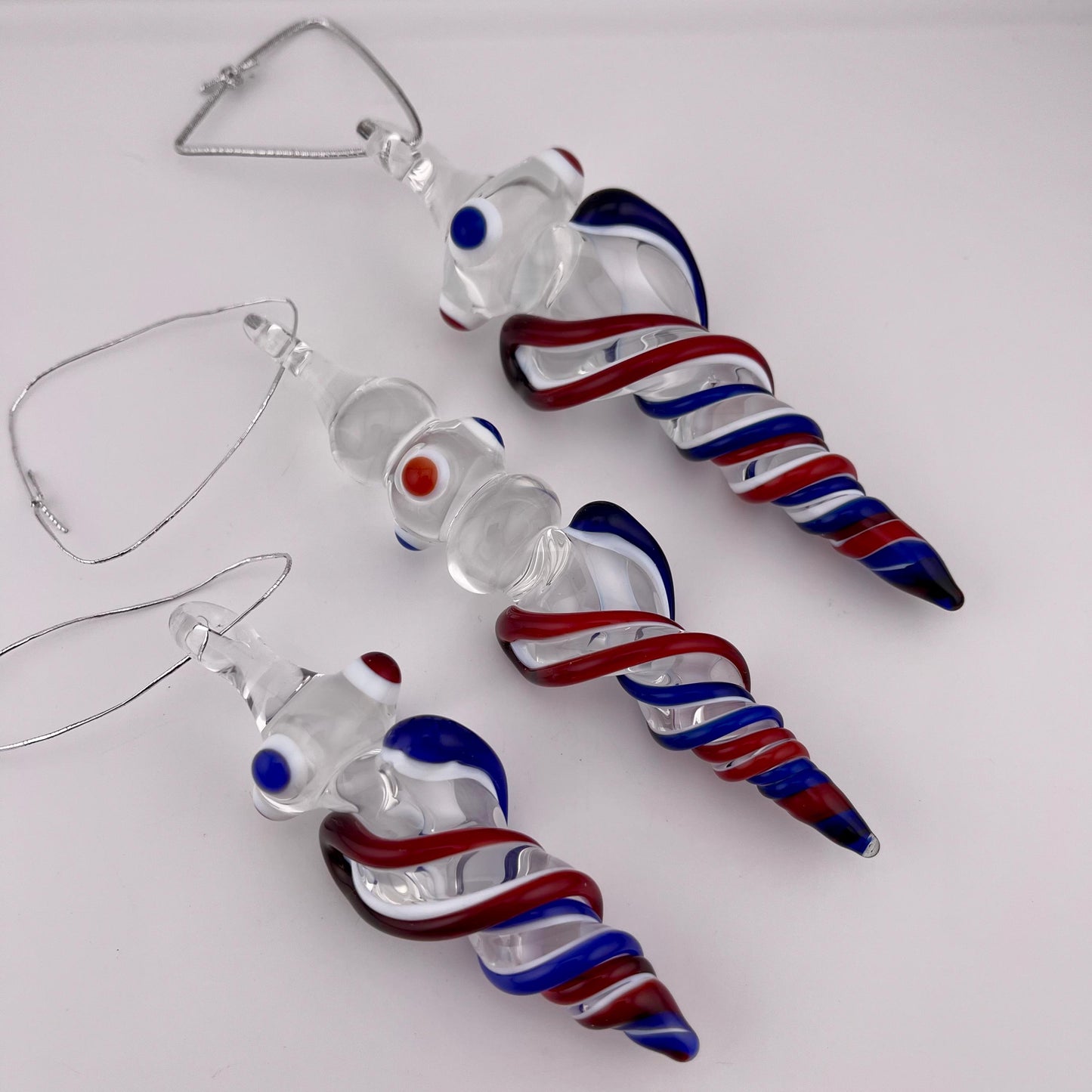 3 Pack of Elvis Red and Cobalt Blue over Lotus White Glass Icicle Ornament Designs “Holiday Special” - JeffBeckerGlass.com