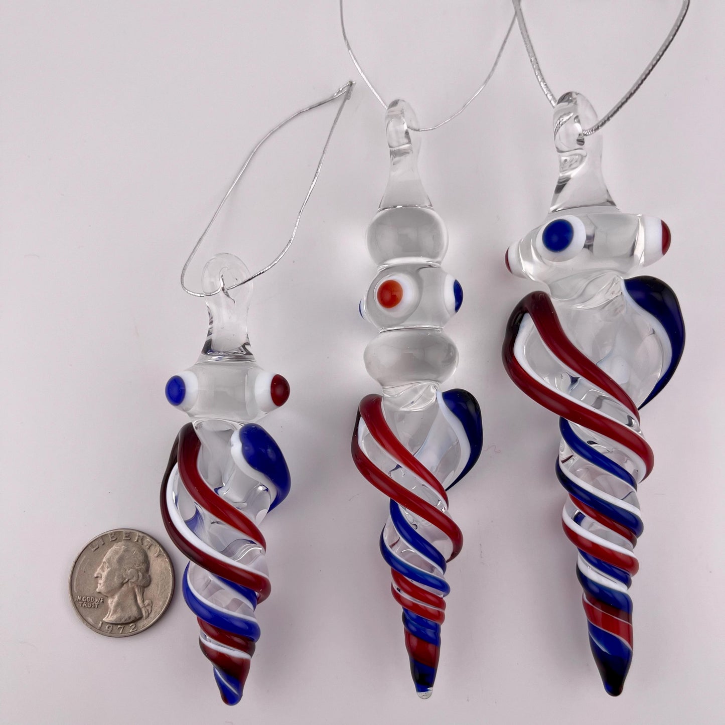 3 Pack of Elvis Red and Cobalt Blue over Lotus White Glass Icicle Ornament Designs “Holiday Special” - JeffBeckerGlass.com