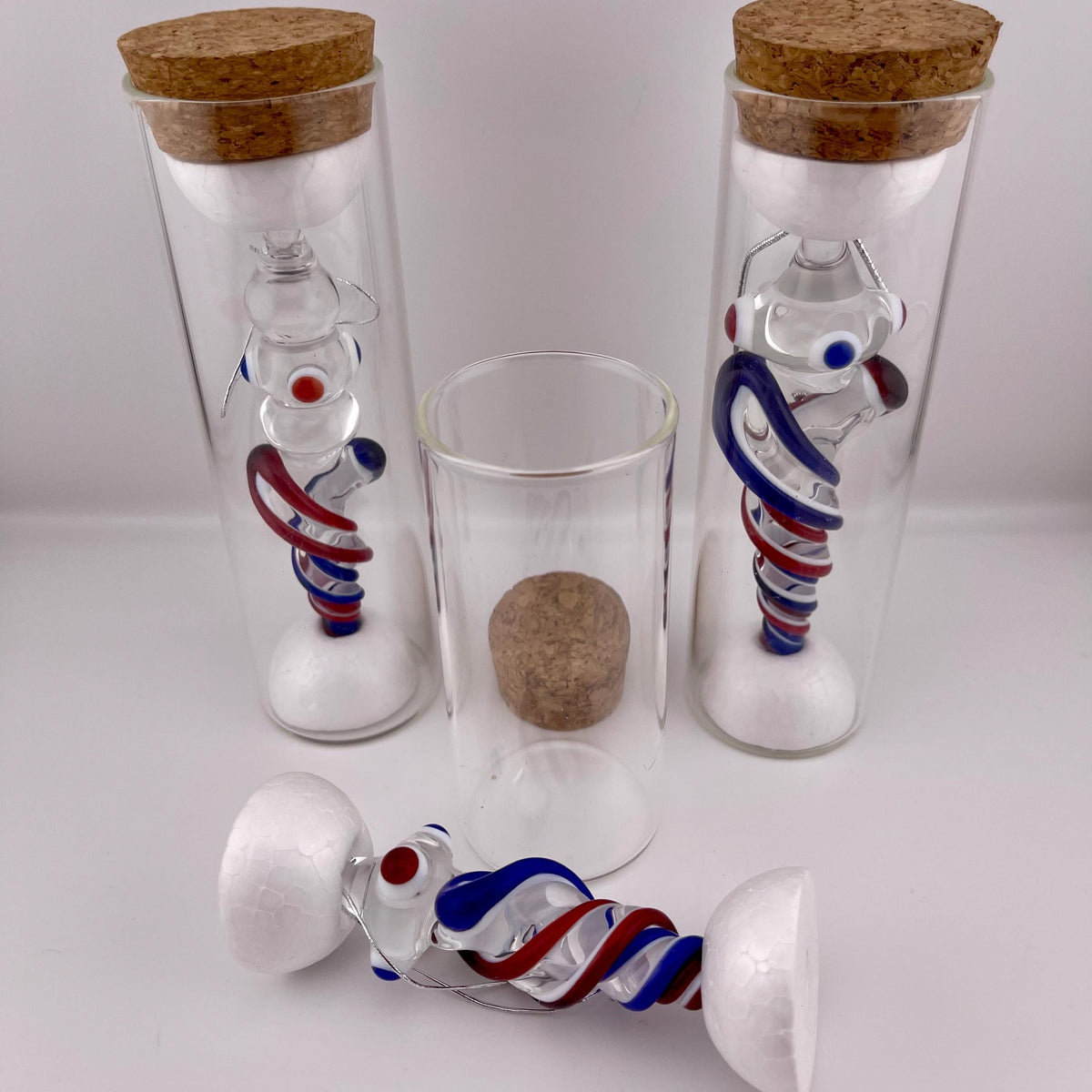 3 Pack of Elvis Red and Cobalt Blue over Lotus White Glass Icicle Ornament Designs “Holiday Special” - JeffBeckerGlass.com