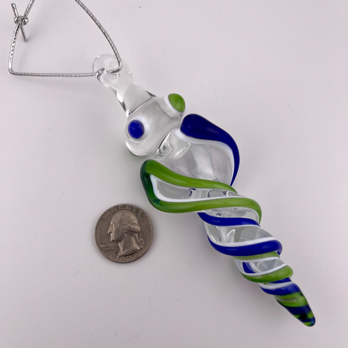 3 Pack of Sparkly Green and Cobalt Blue over Lotus White Glass Icicle Ornament Designs “Holiday Special” - JeffBeckerGlass.com