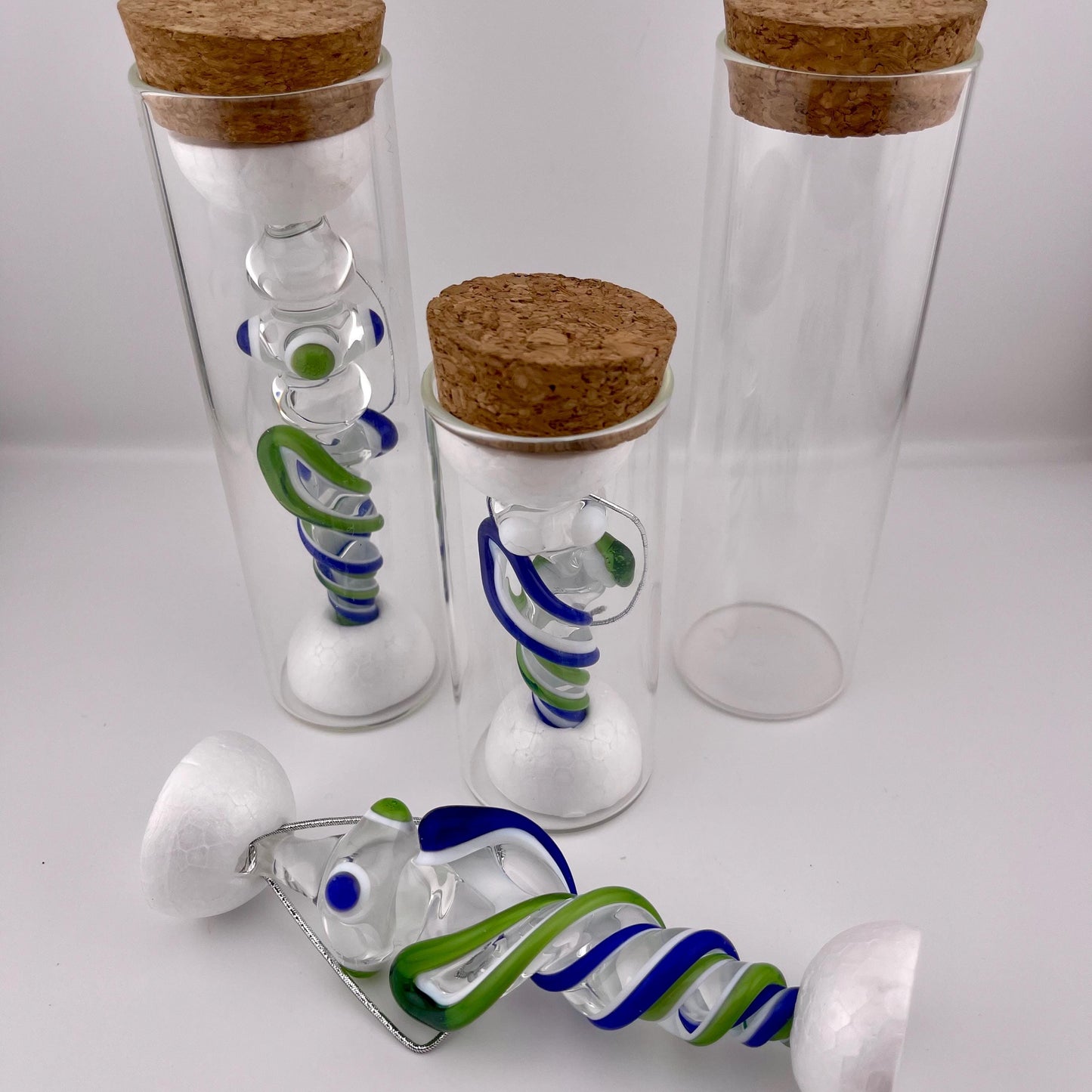 3 Pack of Sparkly Green and Cobalt Blue over Lotus White Glass Icicle Ornament Designs “Holiday Special” - JeffBeckerGlass.com