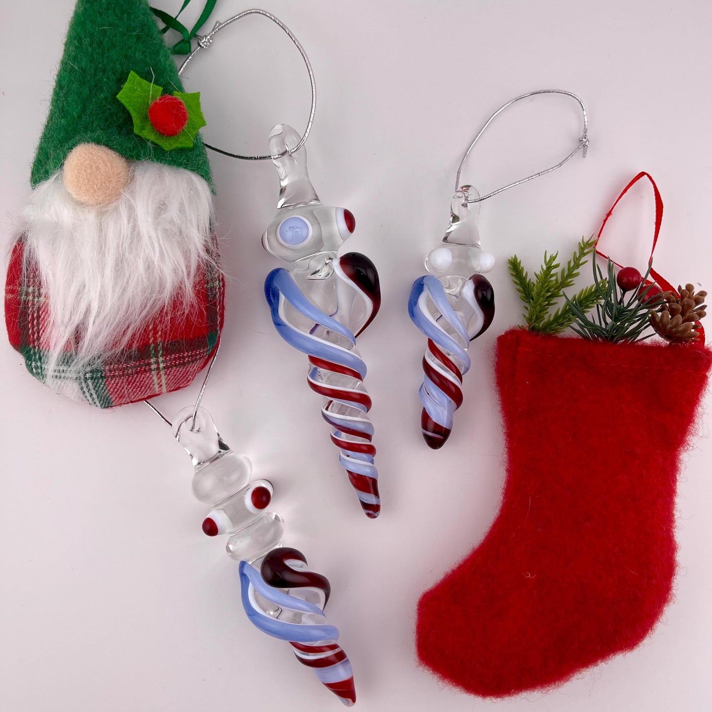 3 Pack of Elvis Red and Light Blue over Lotus White Glass Icicle Ornament Designs “Holiday Special” - JeffBeckerGlass.com