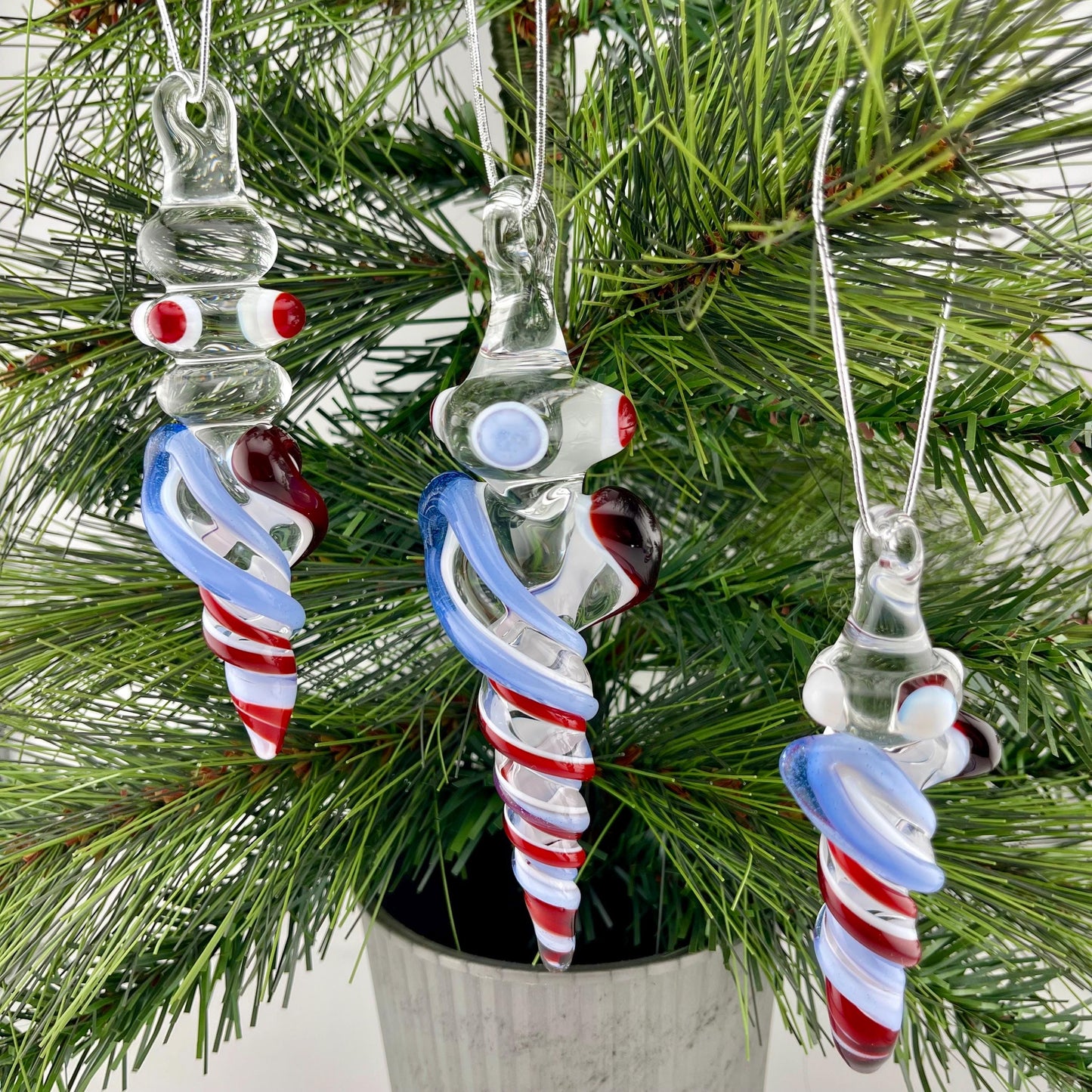 3 Pack of Elvis Red and Light Blue over Lotus White Glass Icicle Ornament Designs “Holiday Special” - JeffBeckerGlass.com