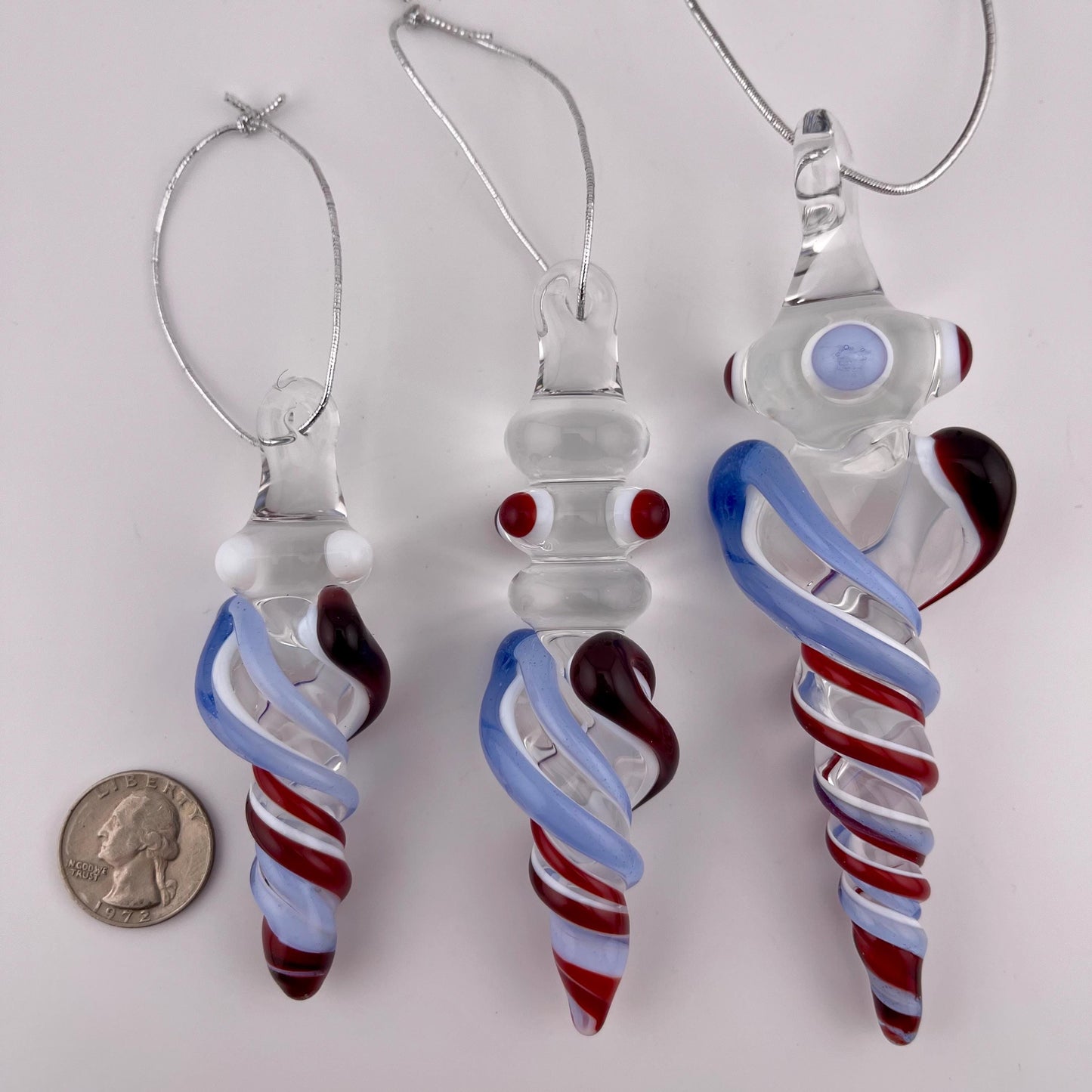 3 Pack of Elvis Red and Light Blue over Lotus White Glass Icicle Ornament Designs “Holiday Special” - JeffBeckerGlass.com