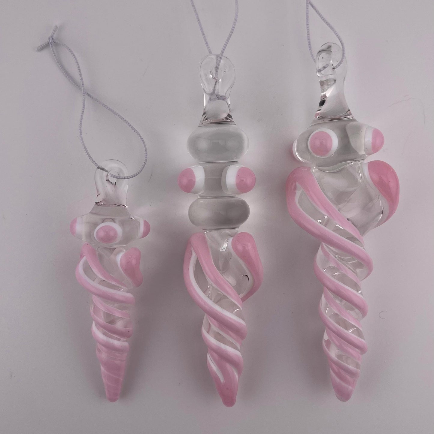 3 Pack of Pink over Lotus White Glass Icicle Ornament Designs “Holiday Special” - JeffBeckerGlass.com