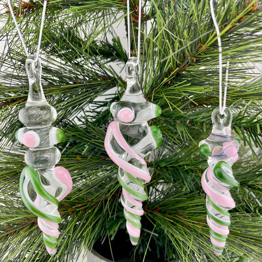 3 Pack of Pink and Sparkly Green over Lotus White Glass Icicle Ornament Designs “Holiday Special” - JeffBeckerGlass.com