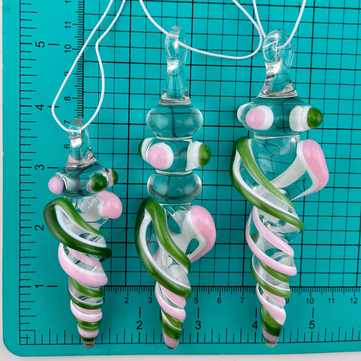 3 Pack of Pink and Sparkly Green over Lotus White Glass Icicle Ornament Designs “Holiday Special” - JeffBeckerGlass.com
