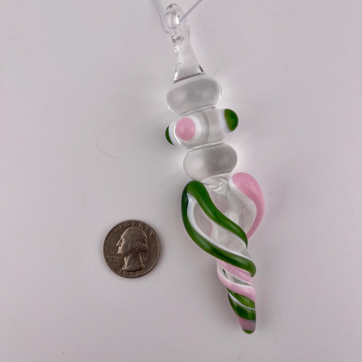 3 Pack of Pink and Sparkly Green over Lotus White Glass Icicle Ornament Designs “Holiday Special” - JeffBeckerGlass.com