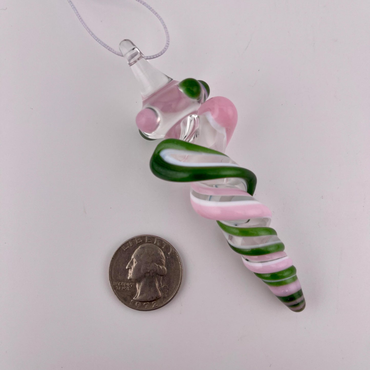 3 Pack of Pink and Sparkly Green over Lotus White Glass Icicle Ornament Designs “Holiday Special” - JeffBeckerGlass.com