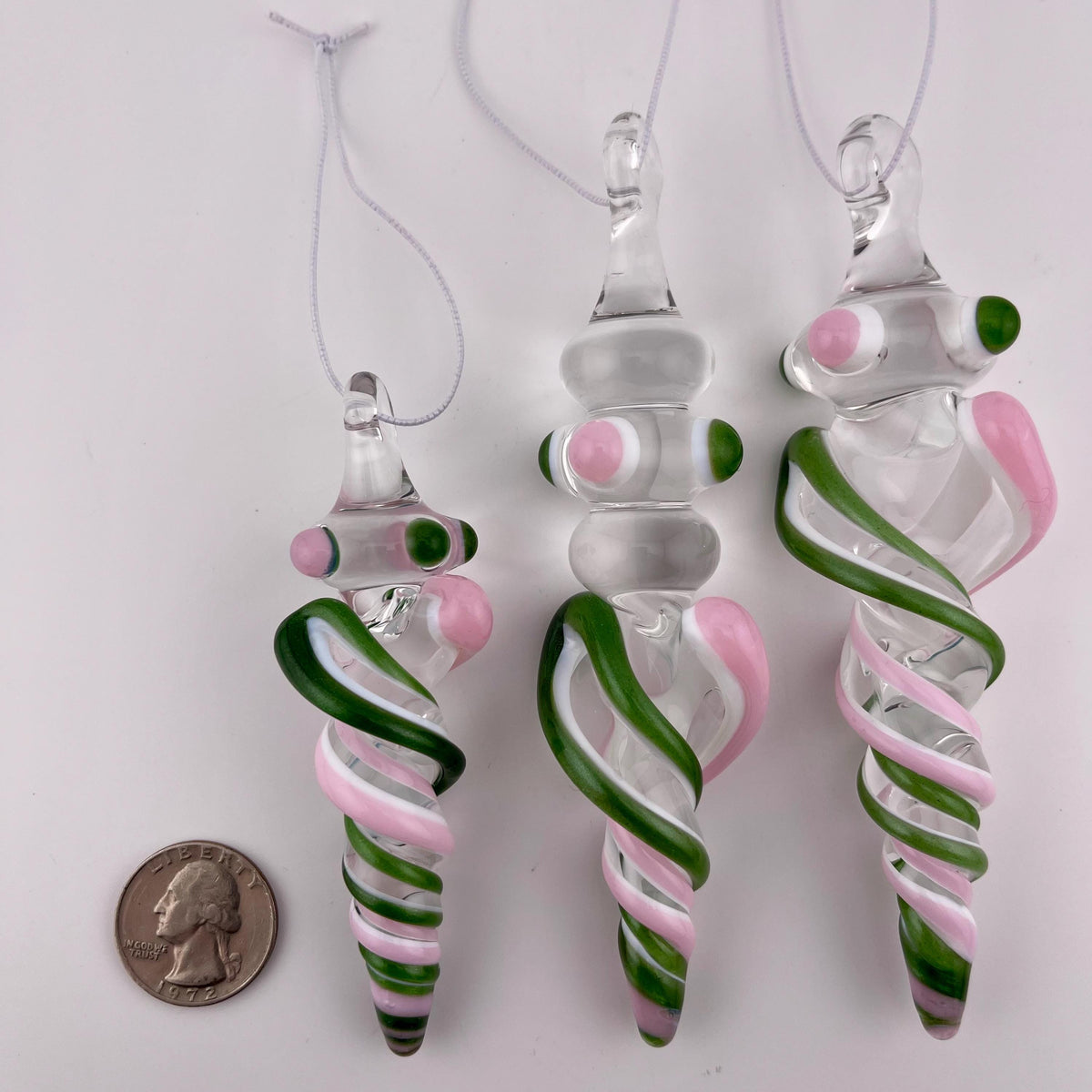 3 Pack of Pink and Sparkly Green over Lotus White Glass Icicle Ornament Designs “Holiday Special” - JeffBeckerGlass.com