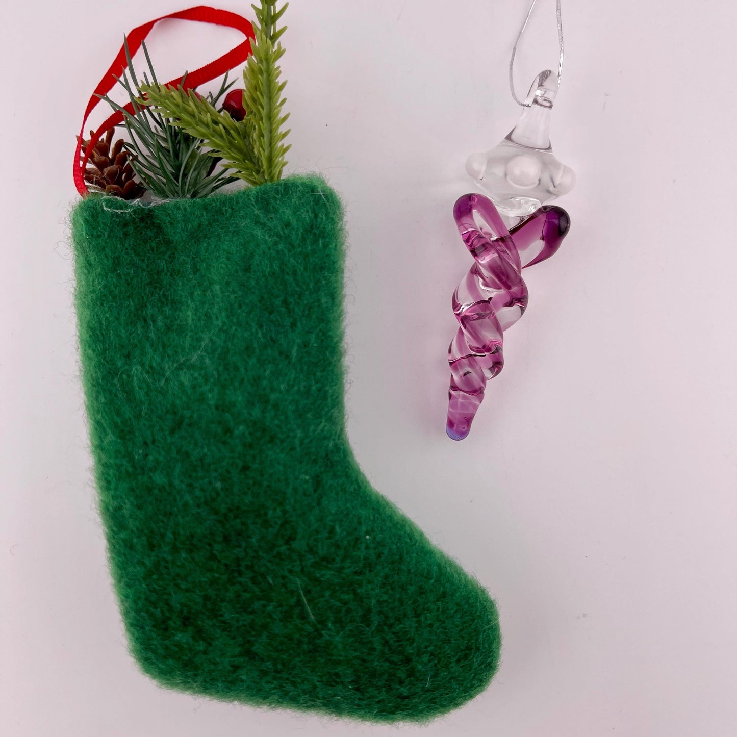 Mini Glass Icicle Ornament with Gold Amethyst Color Twist