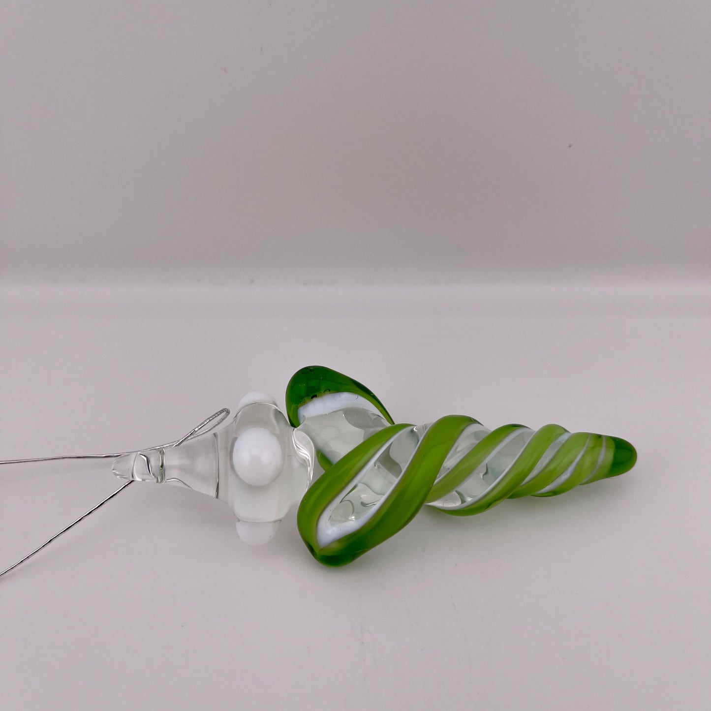 Mini Glass Icicle Ornament with Plantphibian Green over Lotus White Color Twist - JeffBeckerGlass.com