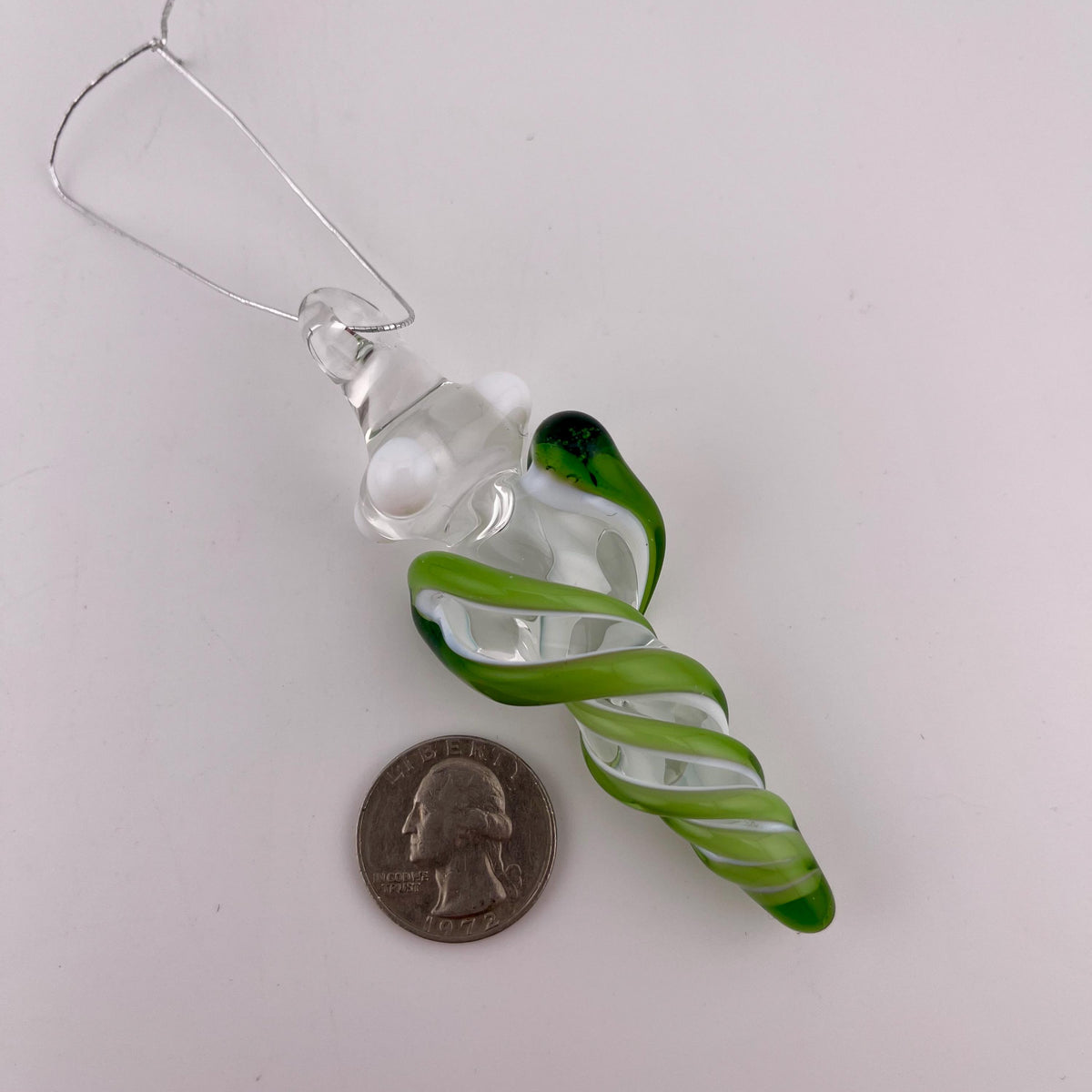 Mini Glass Icicle Ornament with Plantphibian Green over Lotus White Color Twist - JeffBeckerGlass.com